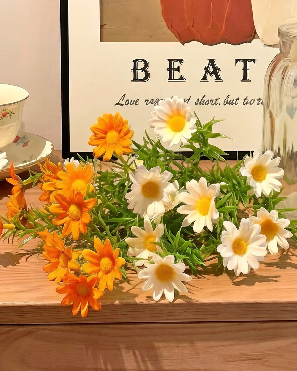 Sunlit Daisy & Chamomile Faux Floral Basket Arrangement