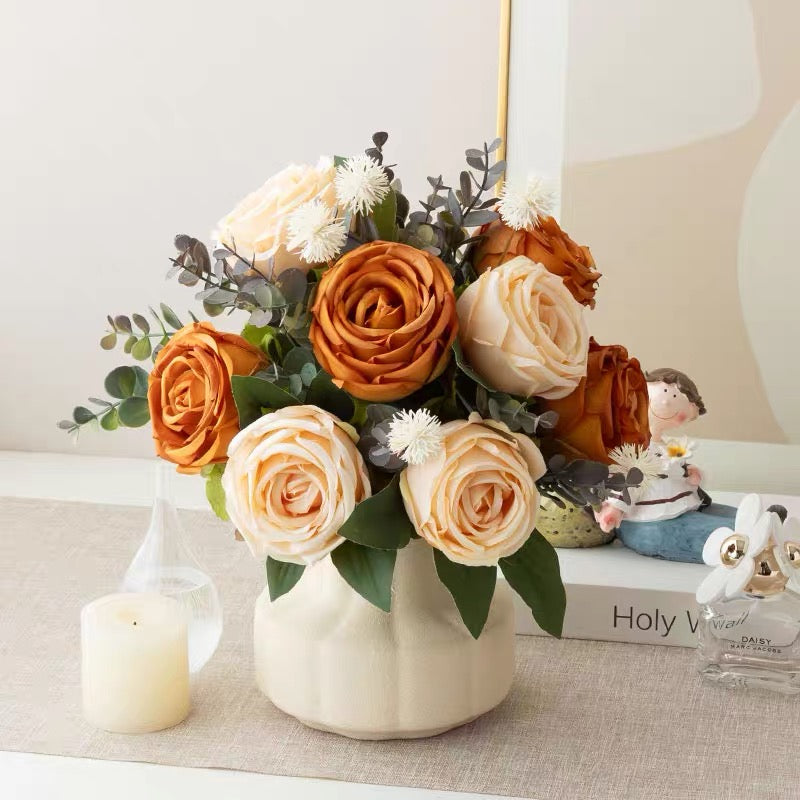 Oil Painting Style Faux Floral Arrangement - Vintage Caramel & Cream Roses