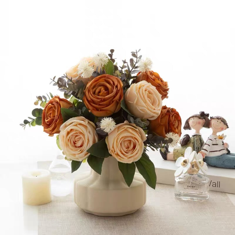 Oil Painting Style Faux Floral Arrangement - Vintage Caramel & Cream Roses