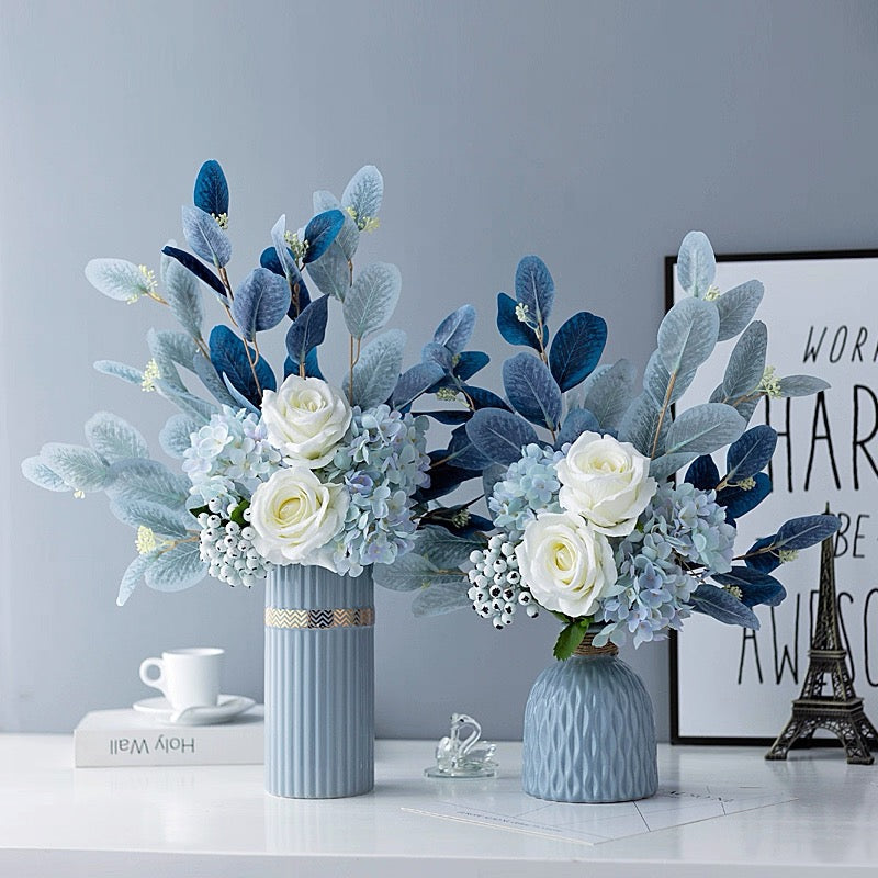 Blue & White Harmony Faux Floral Bouquet with Frosted Foliage