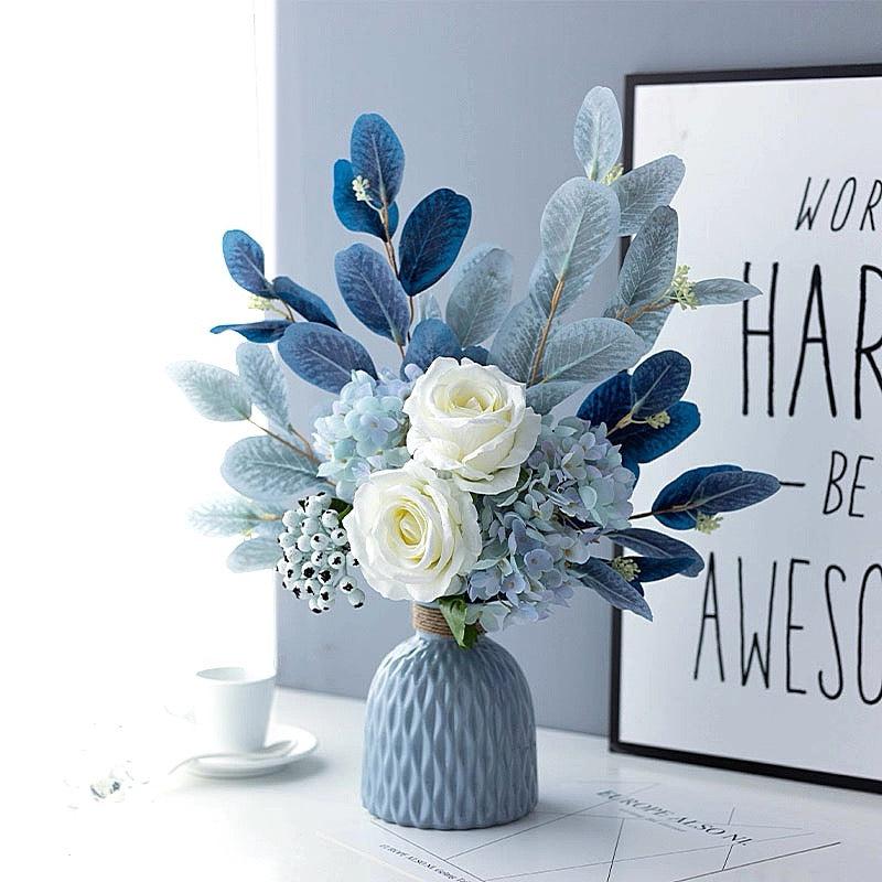 Blue & White Harmony Faux Floral Bouquet with Frosted Foliage