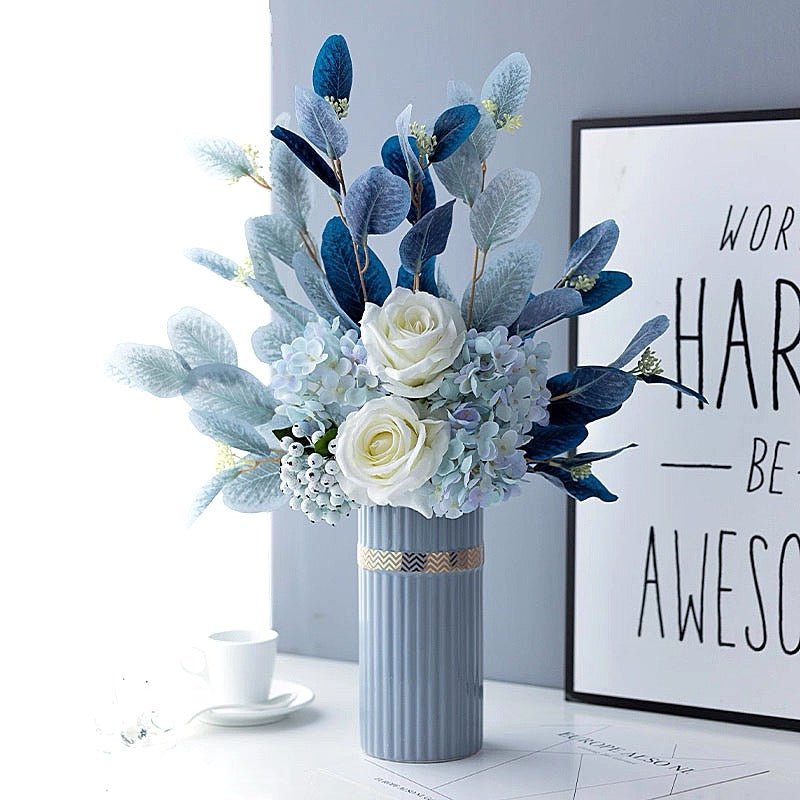 Blue & White Harmony Faux Floral Bouquet with Frosted Foliage