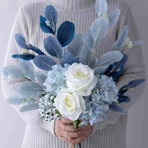 Blue & White Harmony Faux Floral Bouquet with Frosted Foliage