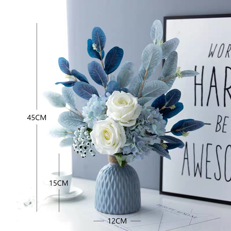 Blue & White Harmony Faux Floral Bouquet with Frosted Foliage