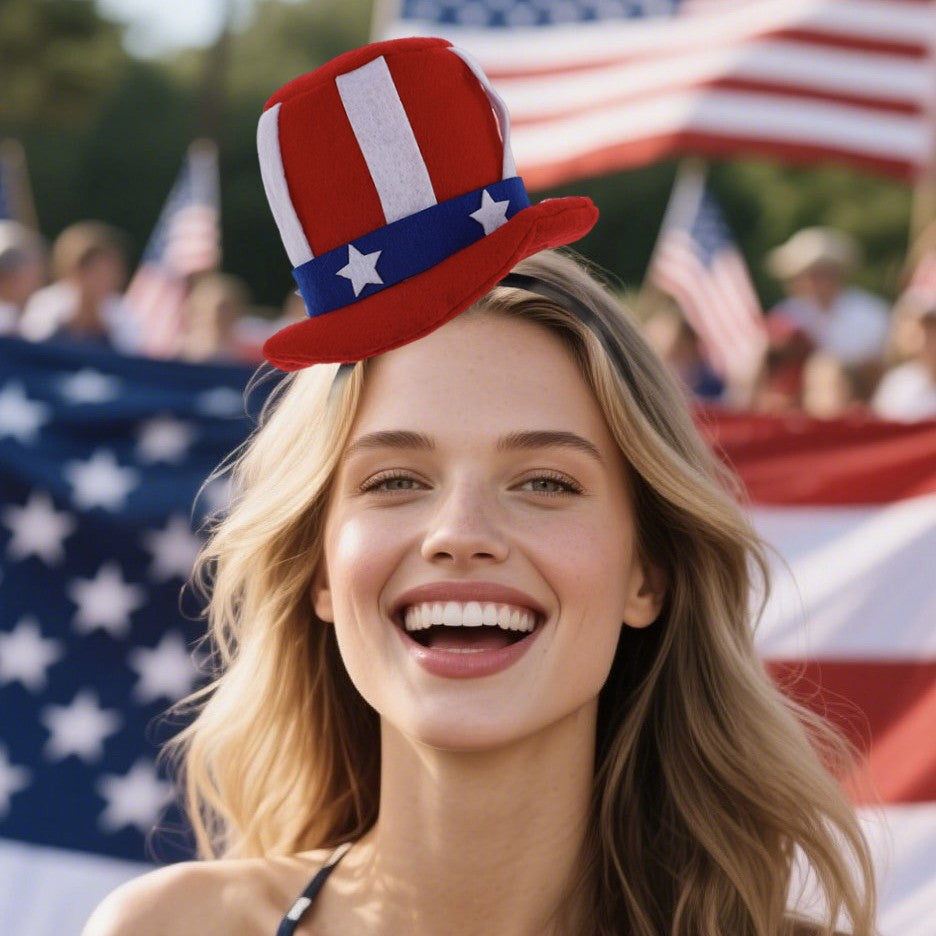 Unisex nan Party hairband with mini top hat and patriotic star ribbon 
Maetiva