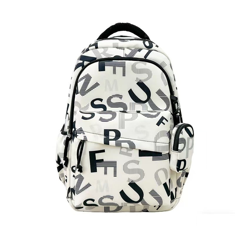 Stylish backpack with modern lettering pattern 
Maetiva