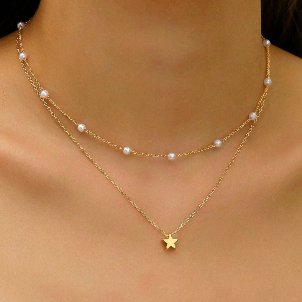 Layered Pearl and Star Pendant Necklace 
Maetiva