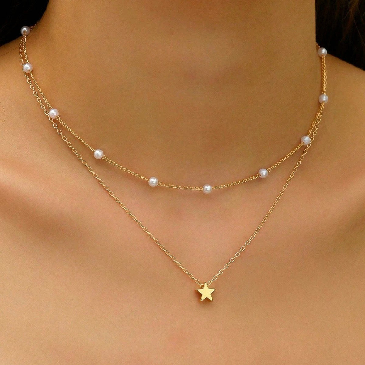 Layered Pearl and Star Pendant Necklace 
Maetiva