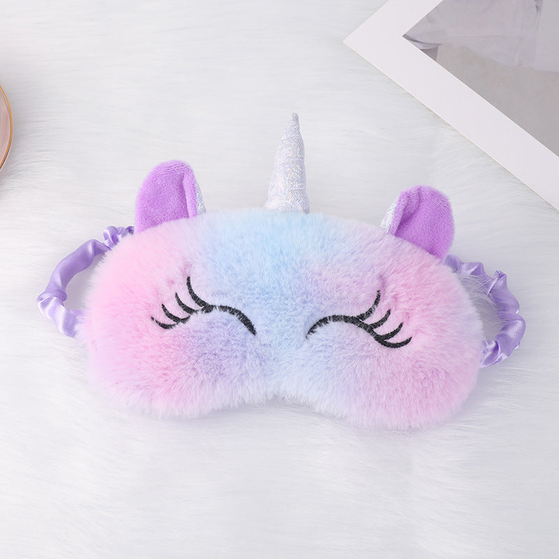 Ladies nan cozy unicorn sleep mask with embroidered eyelashes, soft plush and elastic ruffled ribbon 
Maetiva
