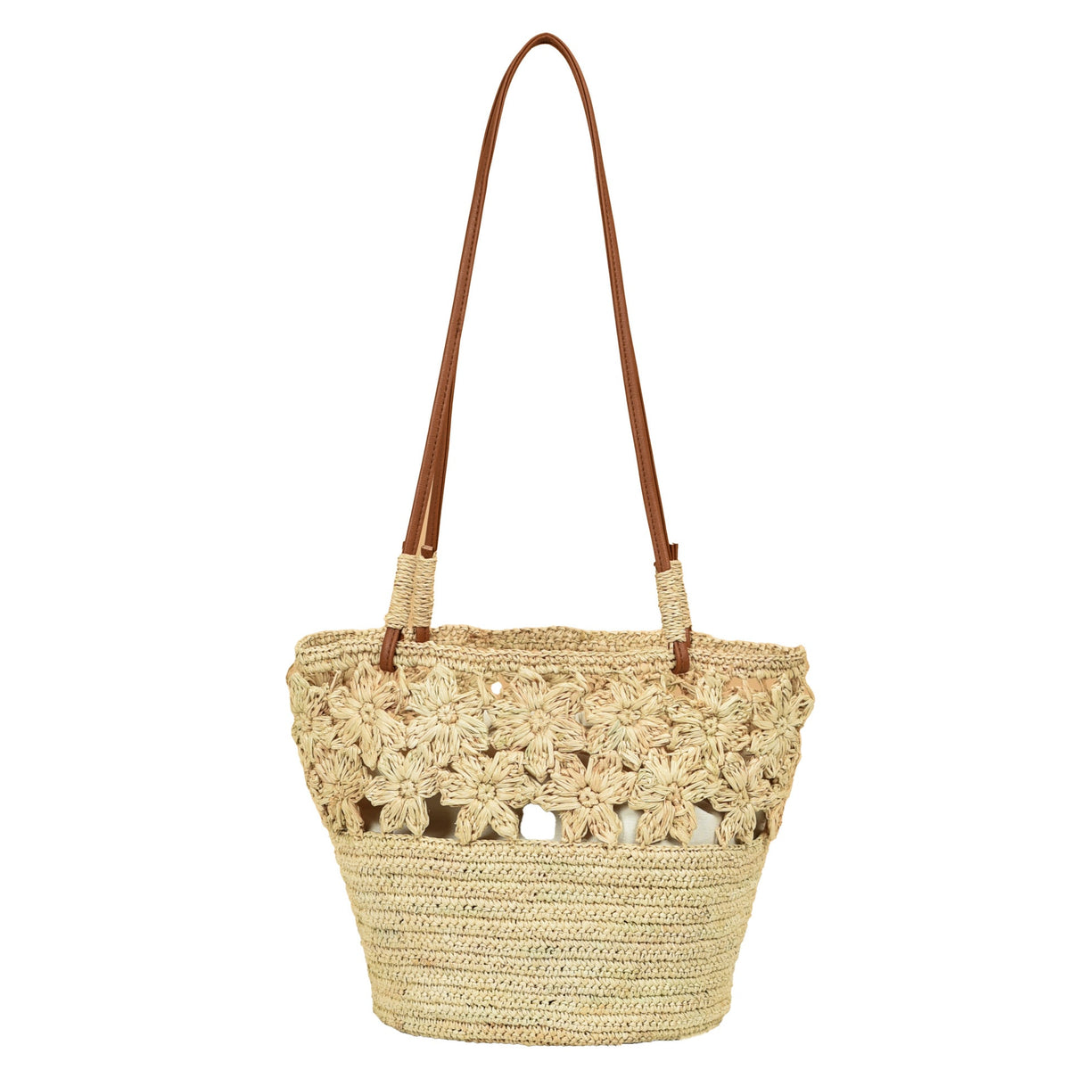Handmade woven bag with floral accents 
Maetiva