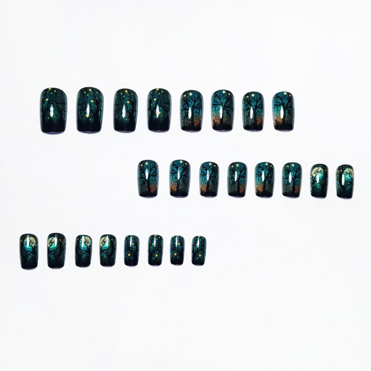 Creative Acrylic Nails with Midnight Forest Design 
Maetiva
