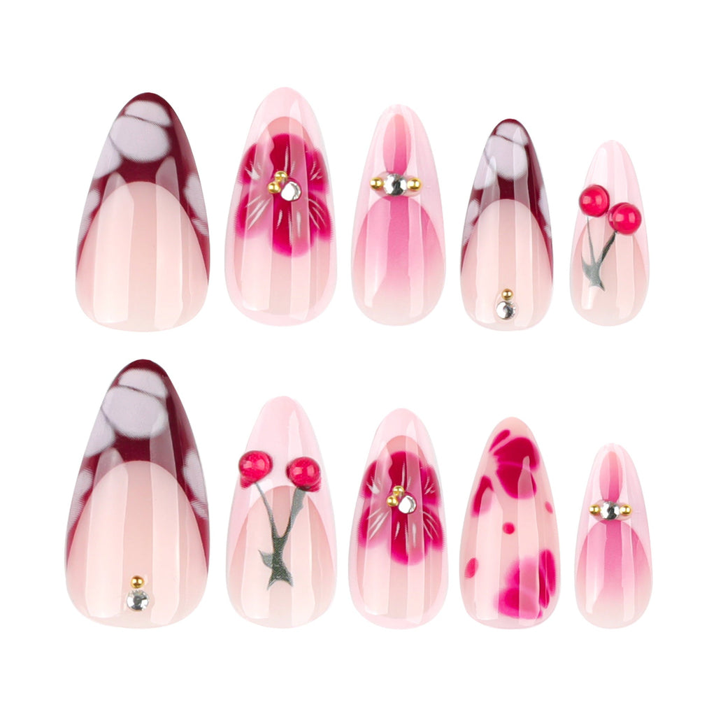 Artistic Floral and Cherry-Embellished Press-On Nails 
Maetiva