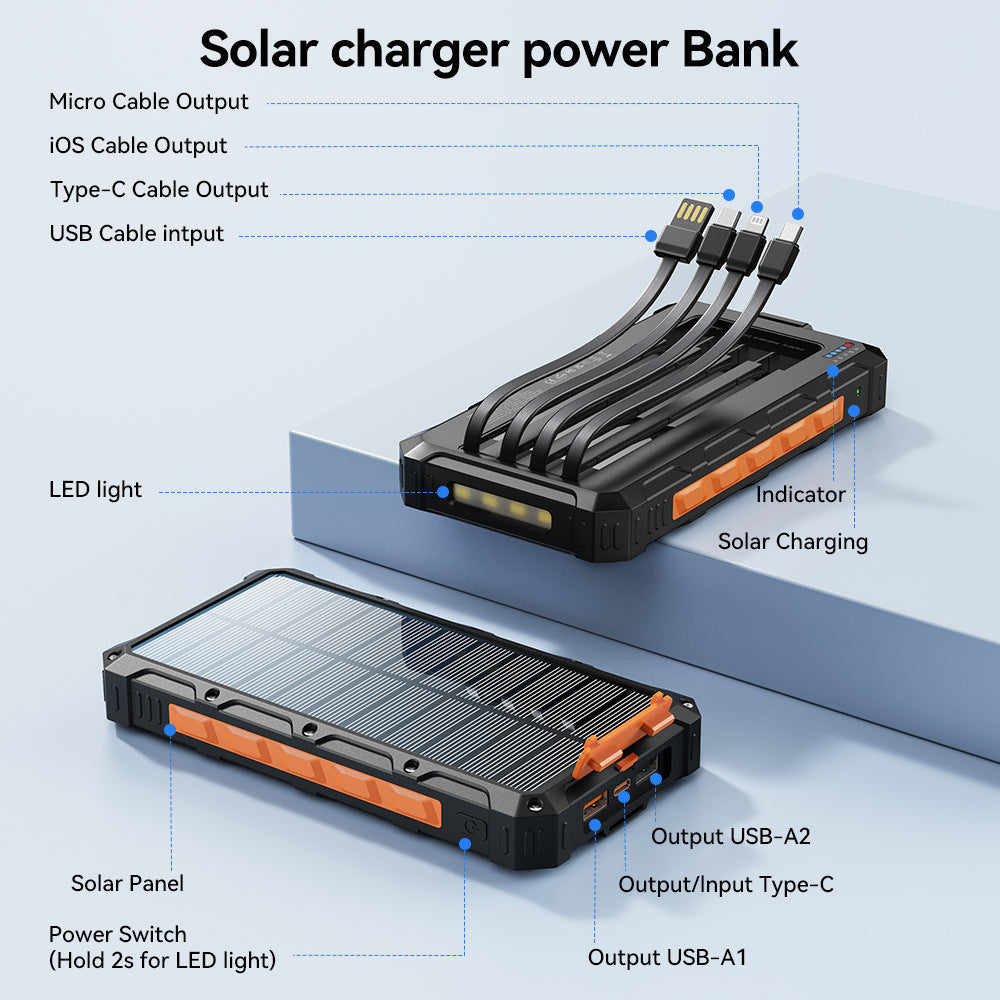 Solar Power Bank with Integrated Charging Cables and Robust Housing 
Maetiva