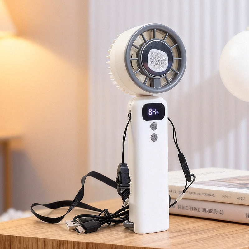 Cooling compact rechargeable handheld mini fan with digital speed indicator detachable lanyard foldable head 
Maetiva