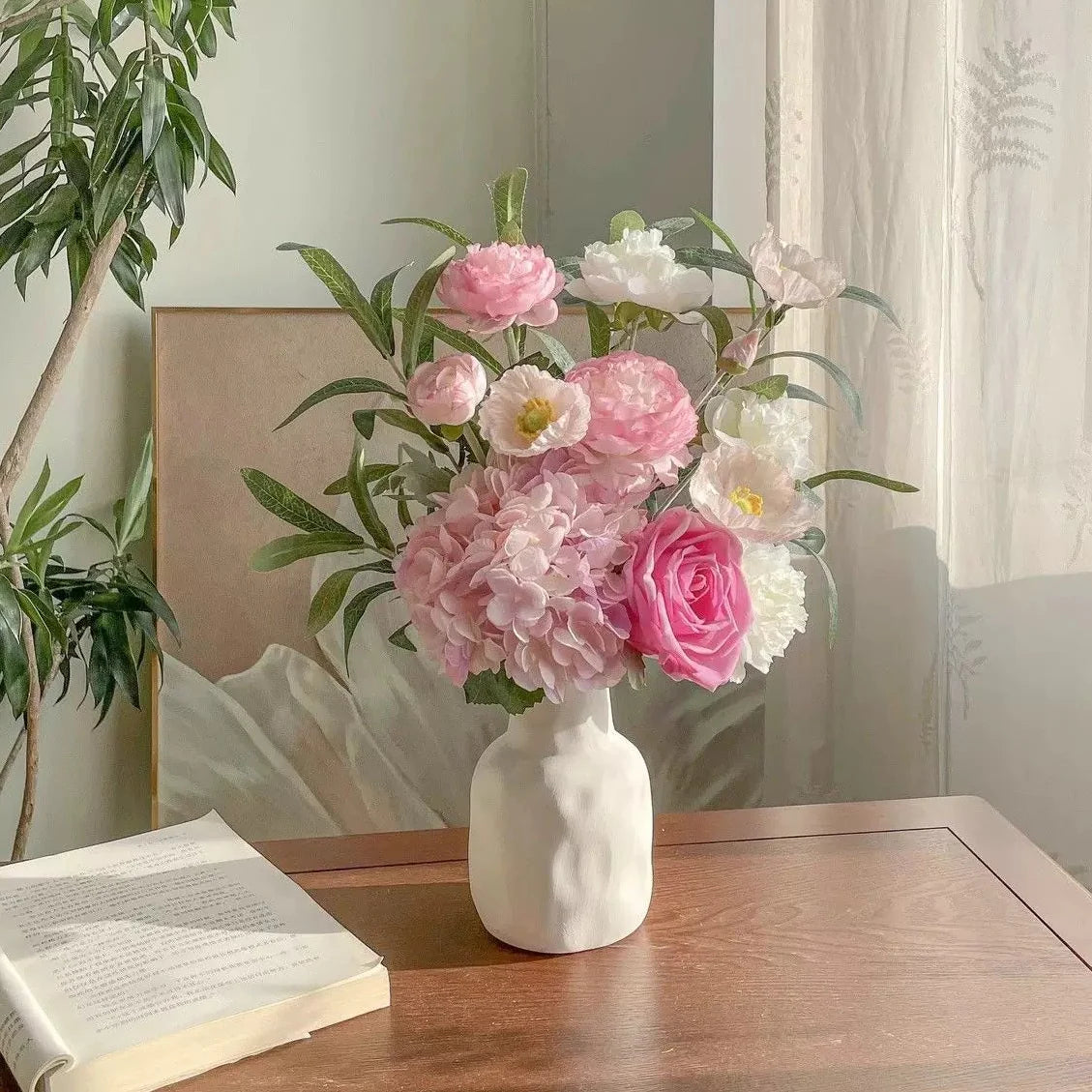 Blush Woodland Rose & Hydrangea Faux Floral Arrangement