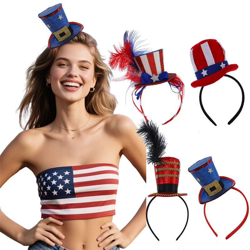 Unisex nan Party hairband with mini top hat and patriotic star ribbon 
Maetiva