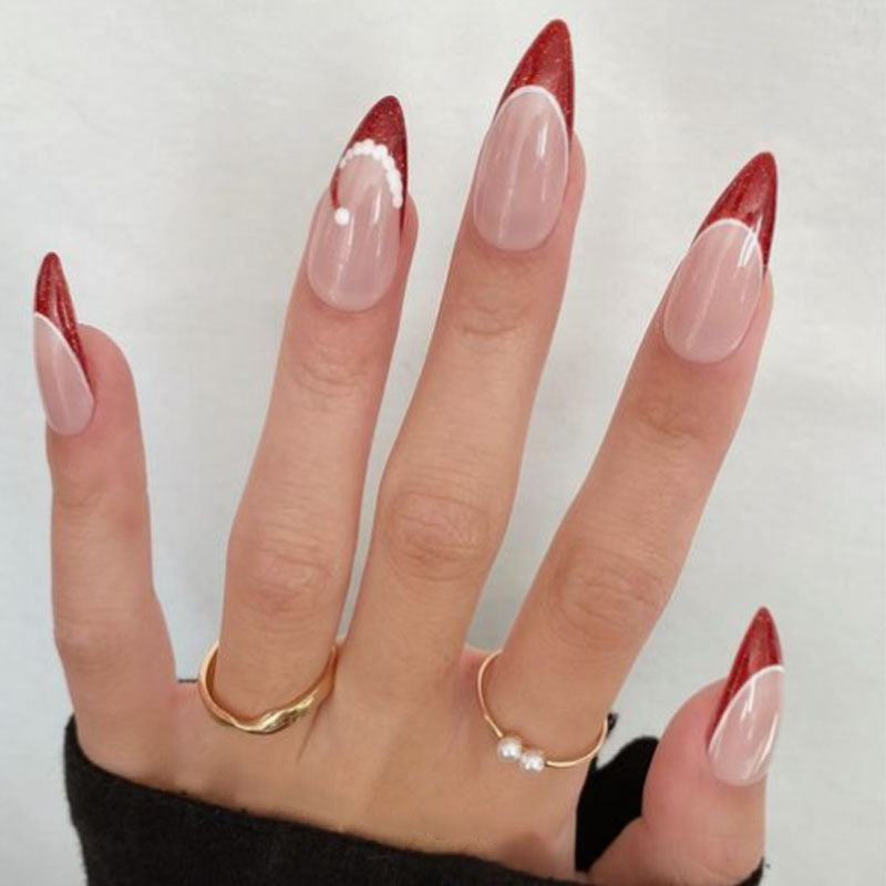 Artistic French Tip Press-On Nails with Glitter Accents 
Maetiva