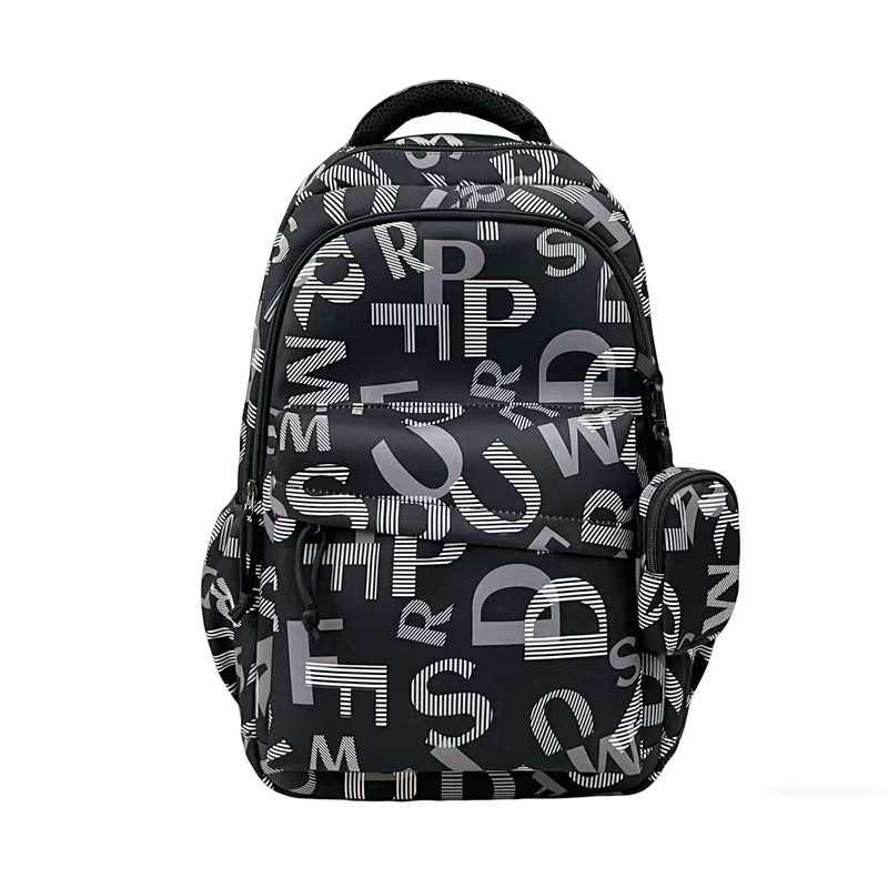 Stylish backpack with modern lettering pattern 
Maetiva