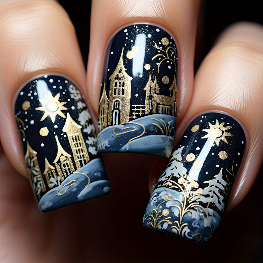 Artificial nails with festive winter landscape design 
Maetiva