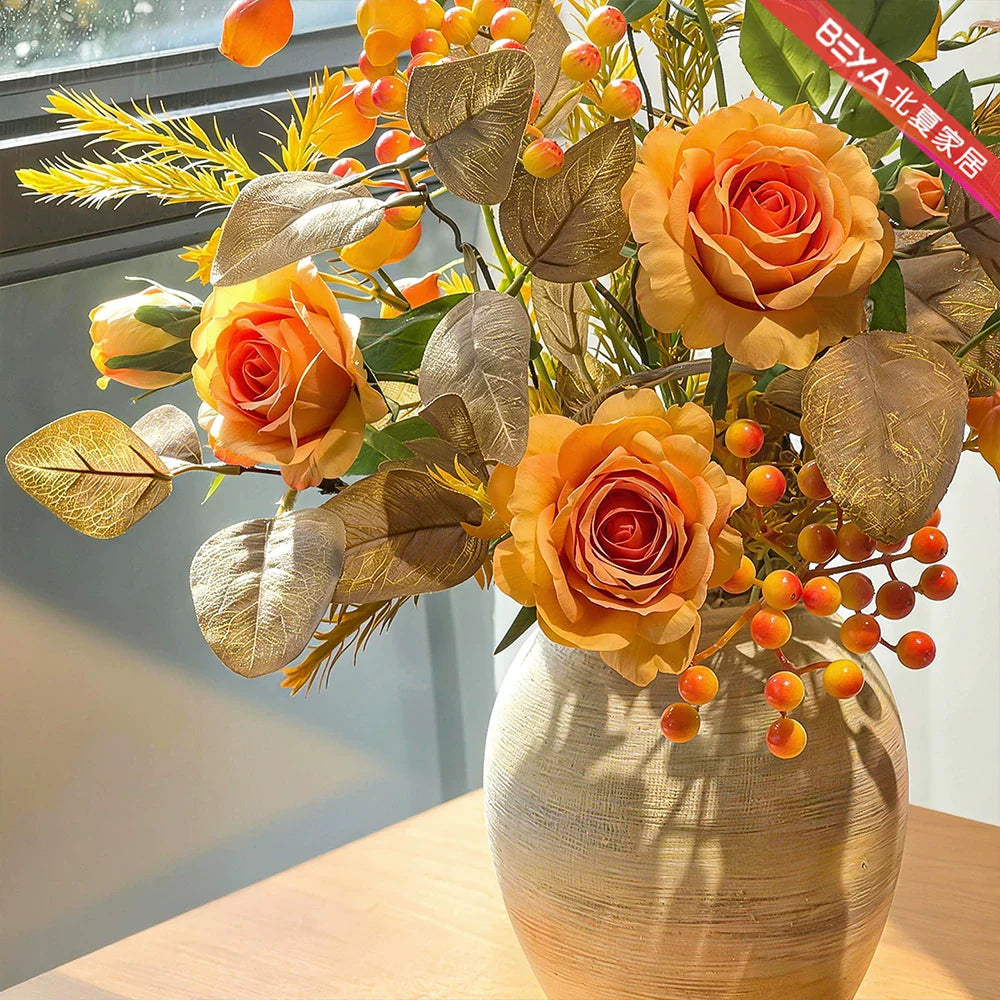 Vintage Autumn Amber Rose & Berry Faux Floral Arrangement