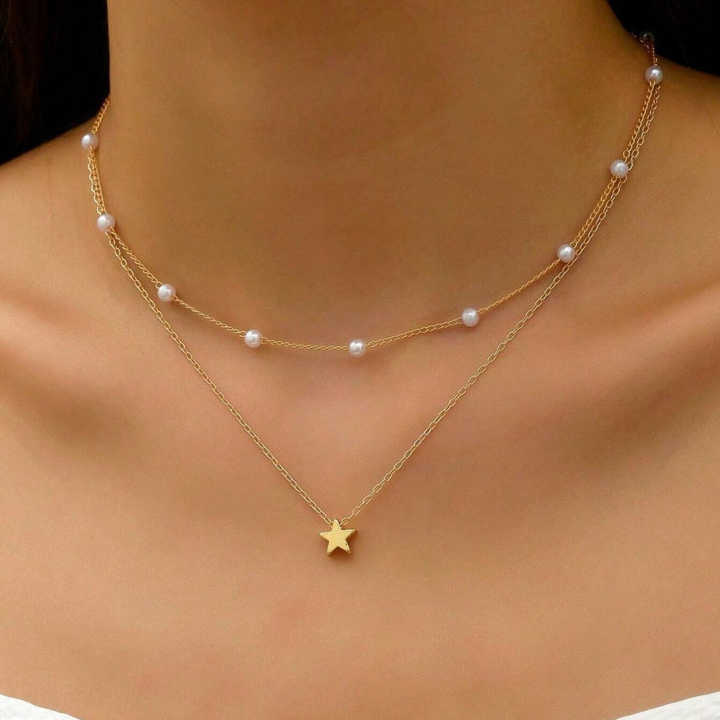Layered Pearl and Star Pendant Necklace 
Maetiva