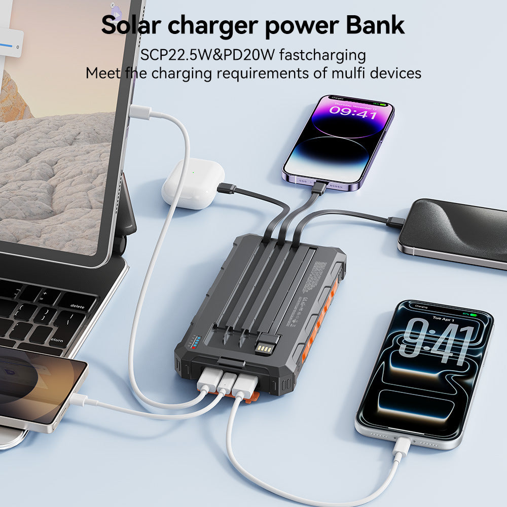 Solar Power Bank with Integrated Charging Cables and Robust Housing 
Maetiva