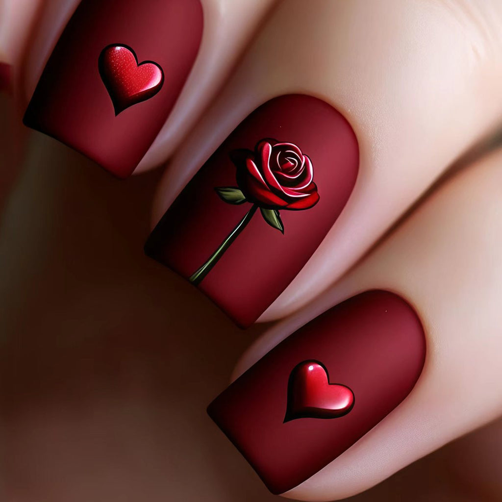 Artificial nails with romantic rose and heart design 
Maetiva