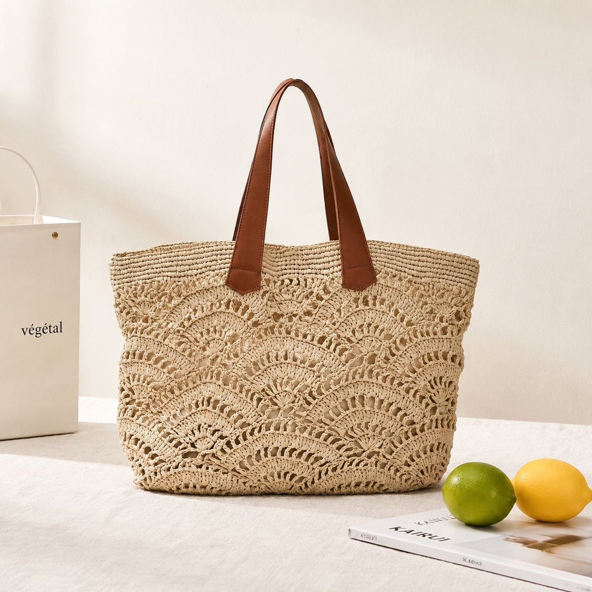 Macrame Shopping Bag with Elegant Leather Handles 
Maetiva