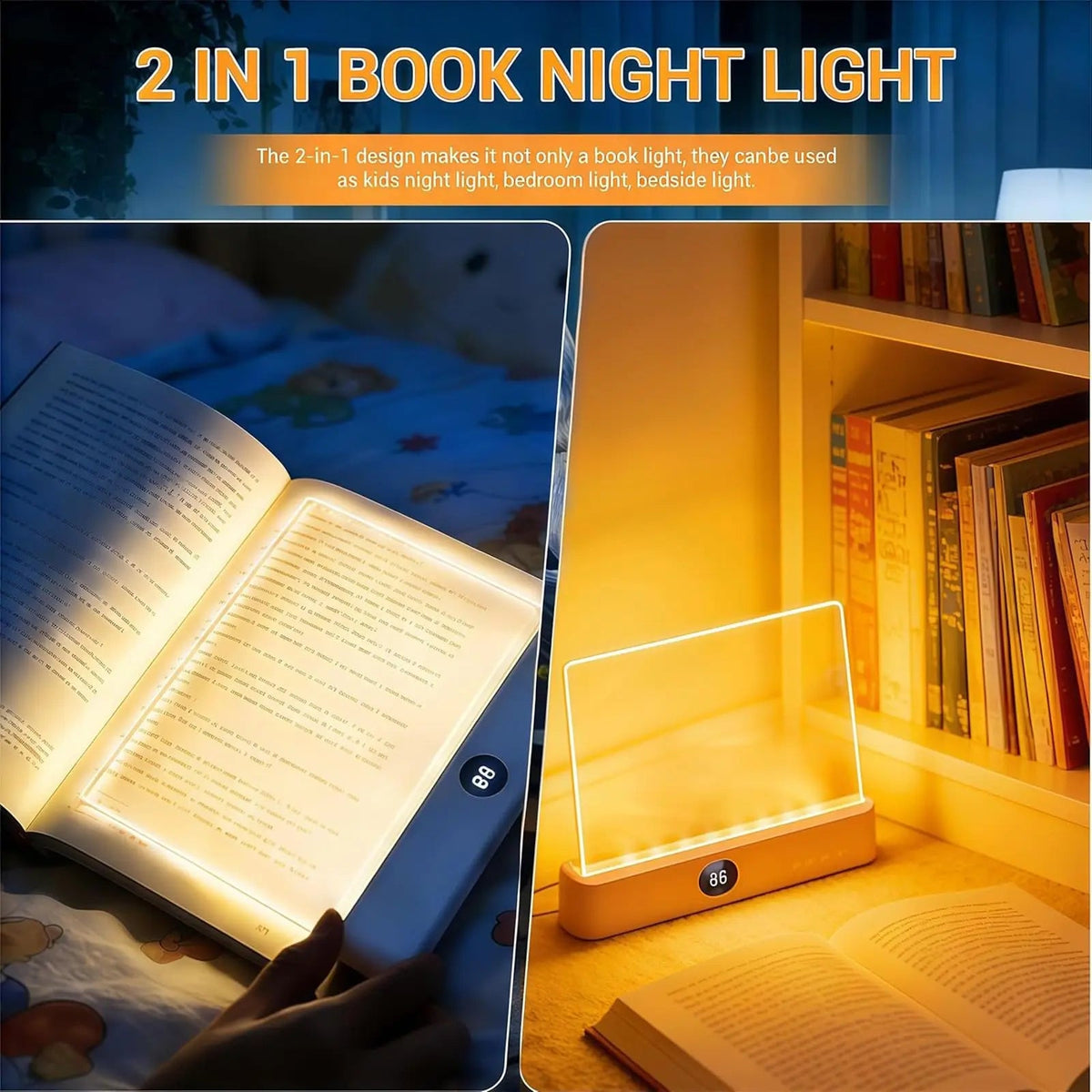 LED Book Reading Light — Portable, Rechargeable, Adjustable Brightness, Clip-On, Eye-Caring, Flexible Neck
