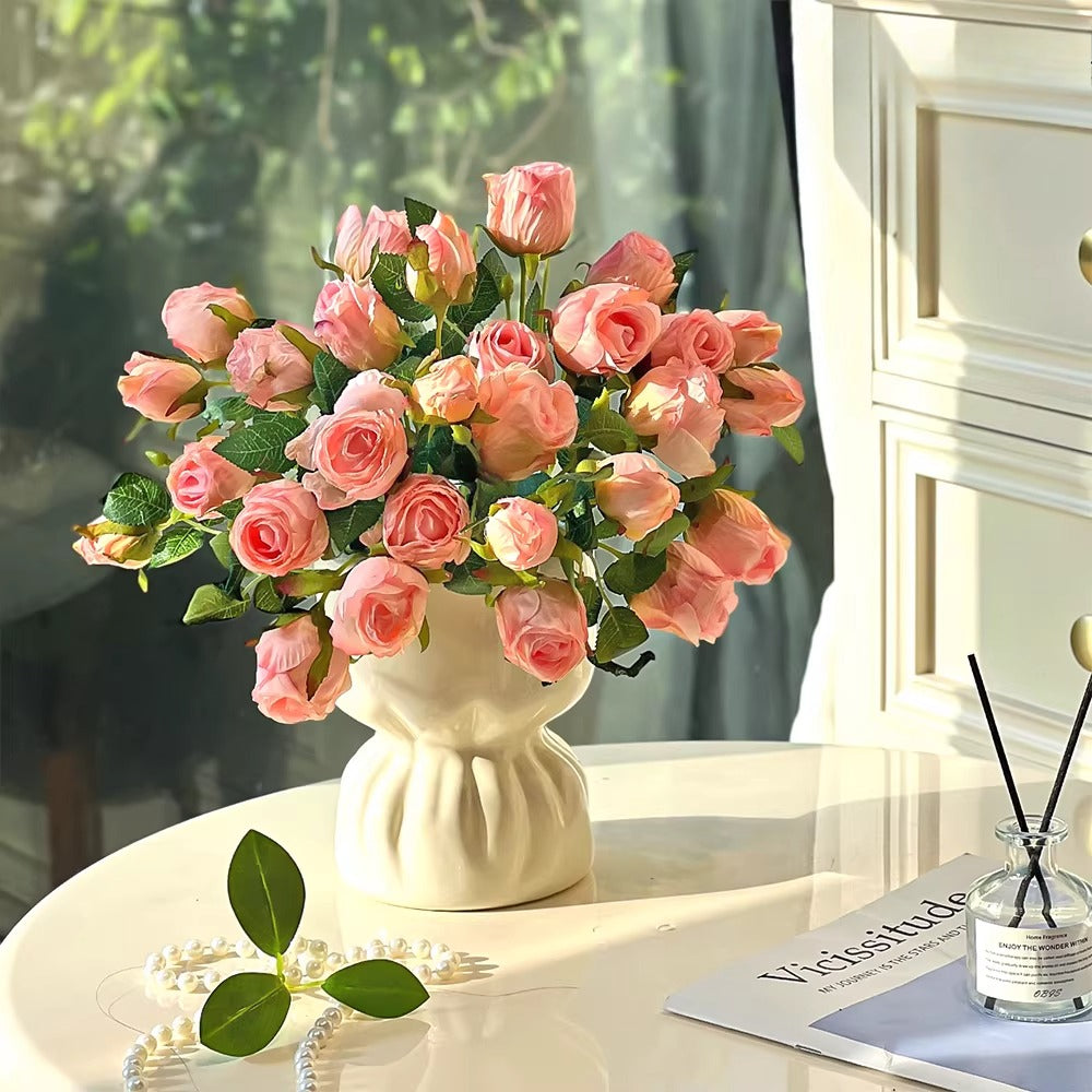 Blush Burned Edge Rose Bouquet Faux Floral Arrangement