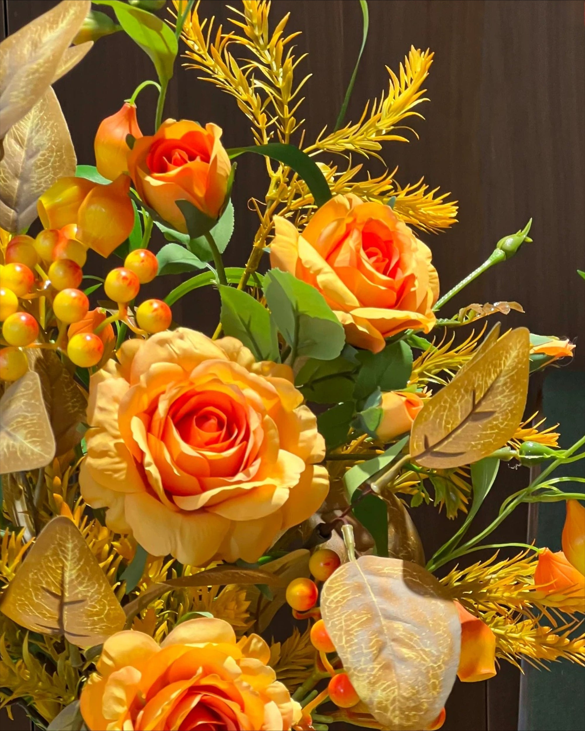 Vintage Autumn Amber Rose & Berry Faux Floral Arrangement