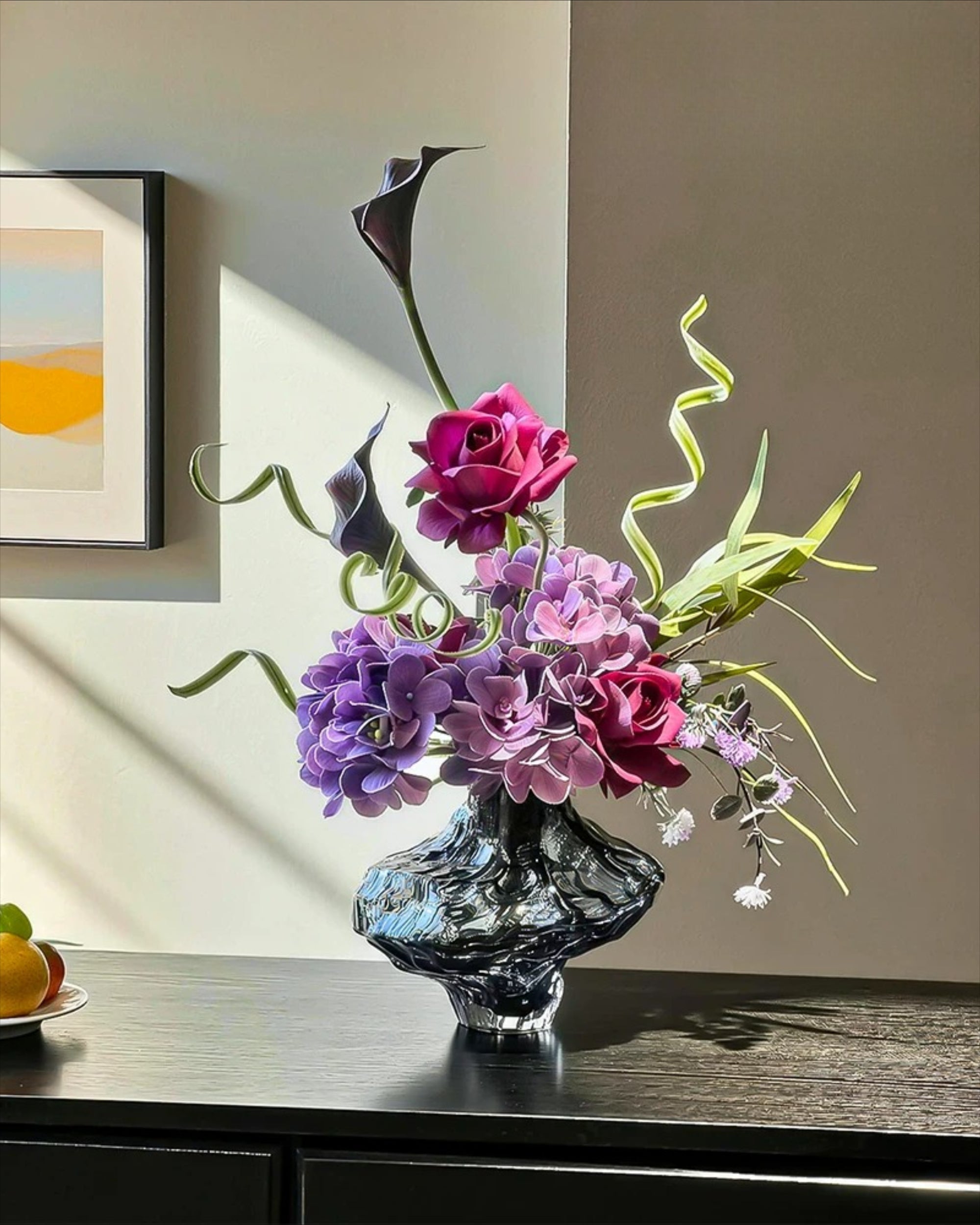 Moody Purple Hydrangea & Rose Faux Floral Arrangement