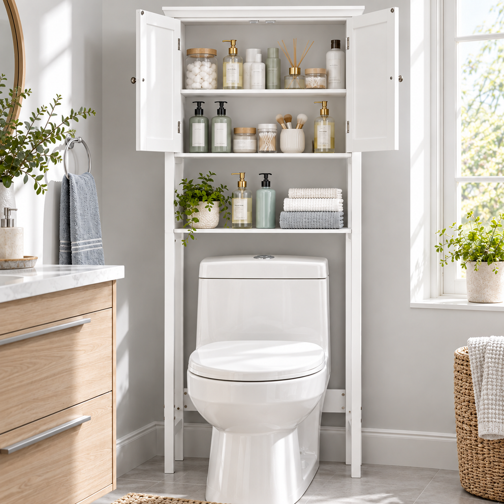 Toilet Storage Space Saver Towel Rack Shelf Modern Bathroom Cabinet Home