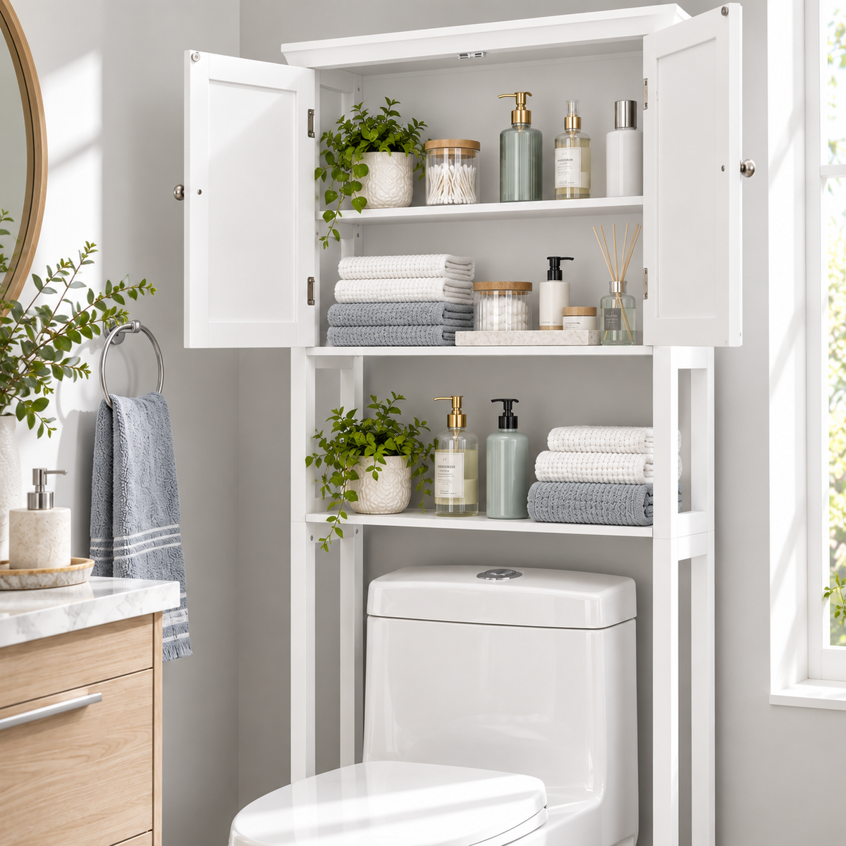 Toilet Storage Space Saver Towel Rack Shelf Modern Bathroom Cabinet Home