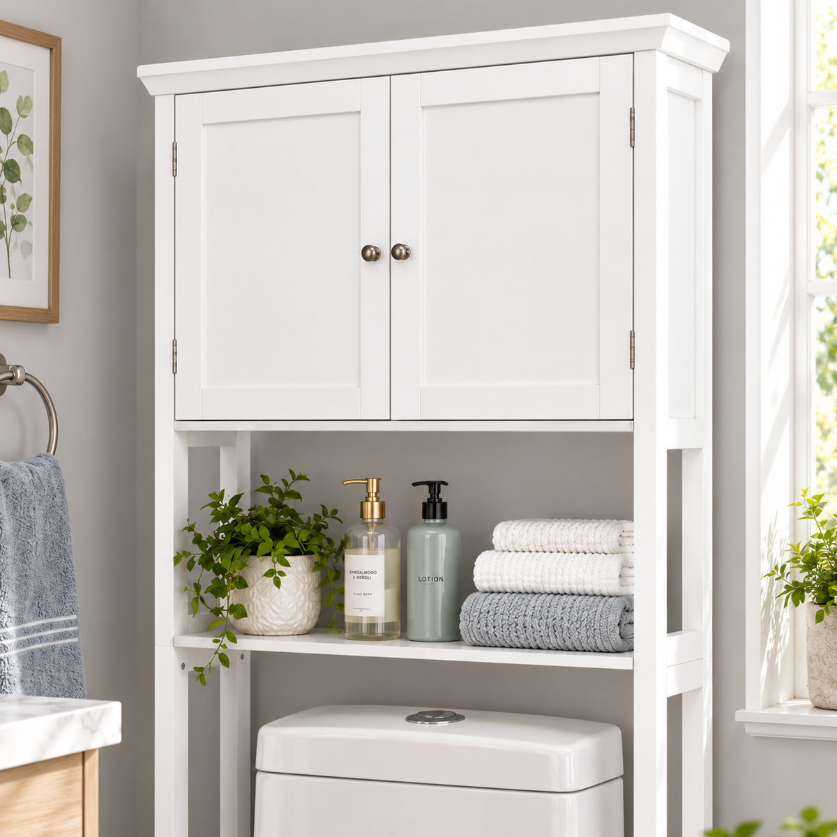 Toilet Storage Space Saver Towel Rack Shelf Modern Bathroom Cabinet Home