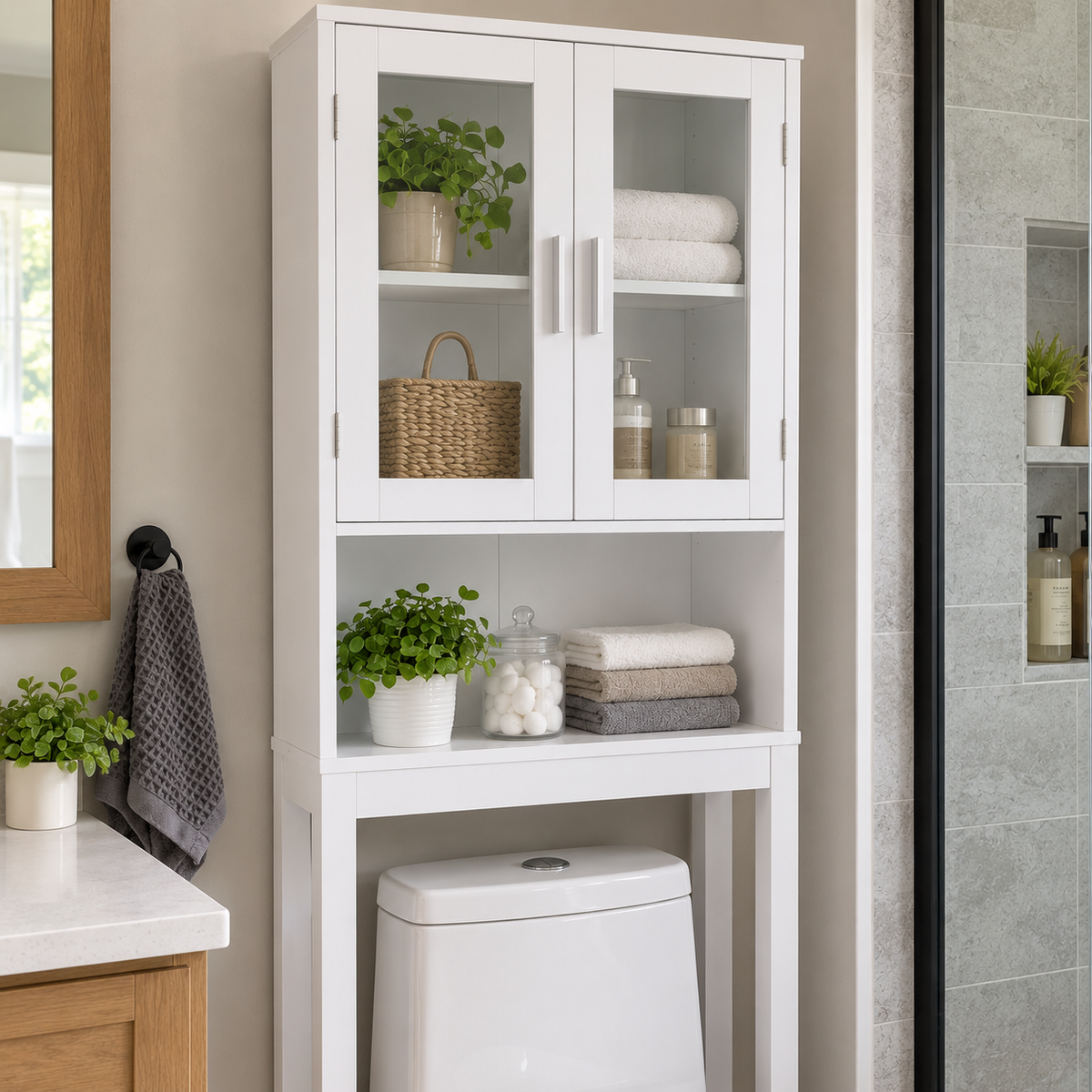 Wooden Over Toilet High Storage Cabinet Spacesaver Organizer