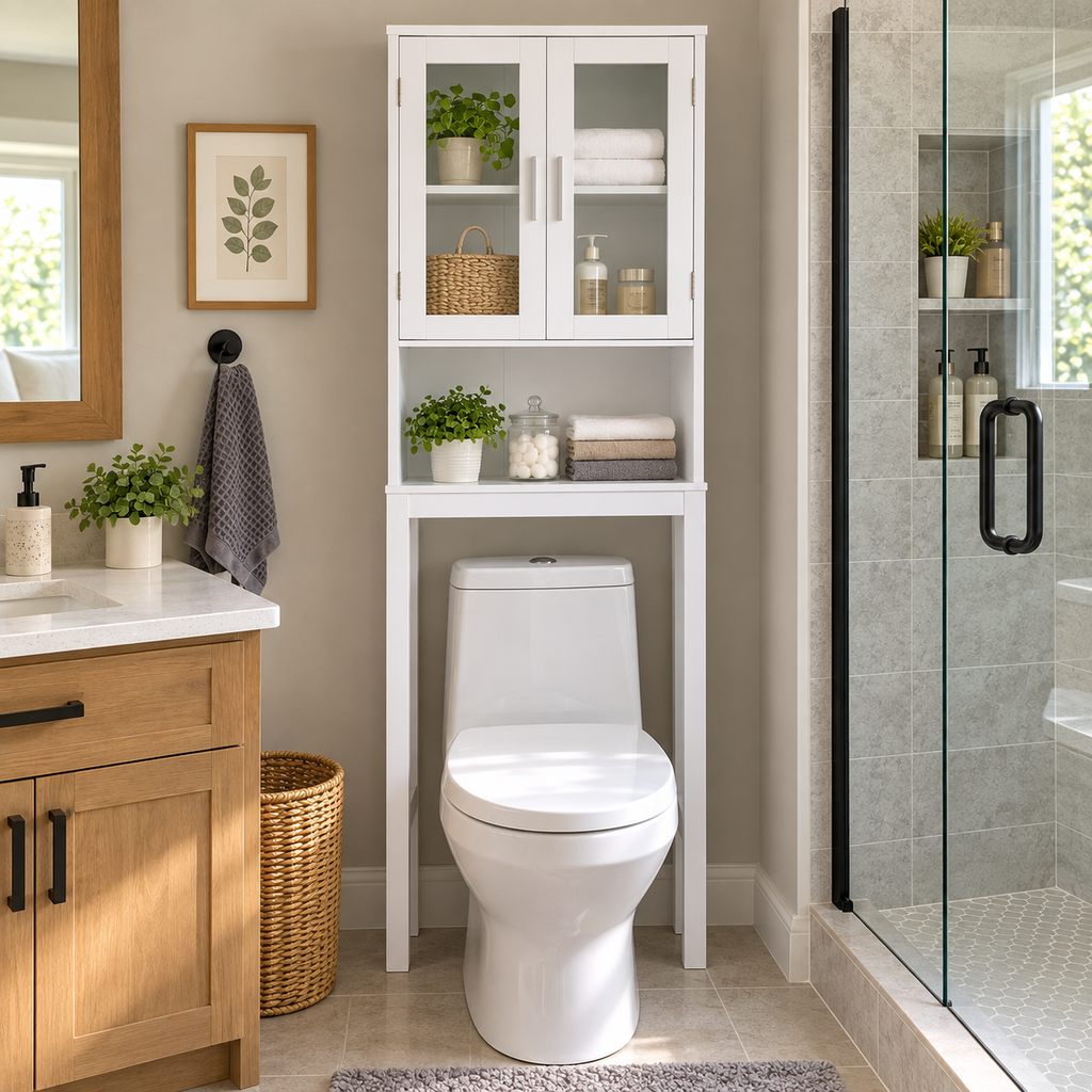 Wooden Over Toilet High Storage Cabinet Spacesaver Organizer