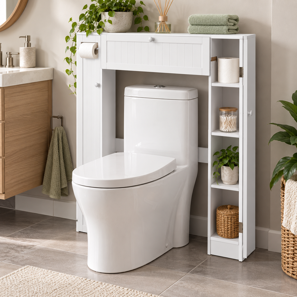 Wooden White Shelf Over The Toilet Storage Cabinet Drop Door Spacesaver Modern Bathroom Cabinets