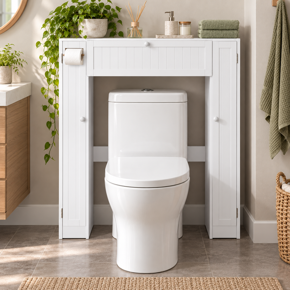 Wooden White Shelf Over The Toilet Storage Cabinet Drop Door Spacesaver Modern Bathroom Cabinets