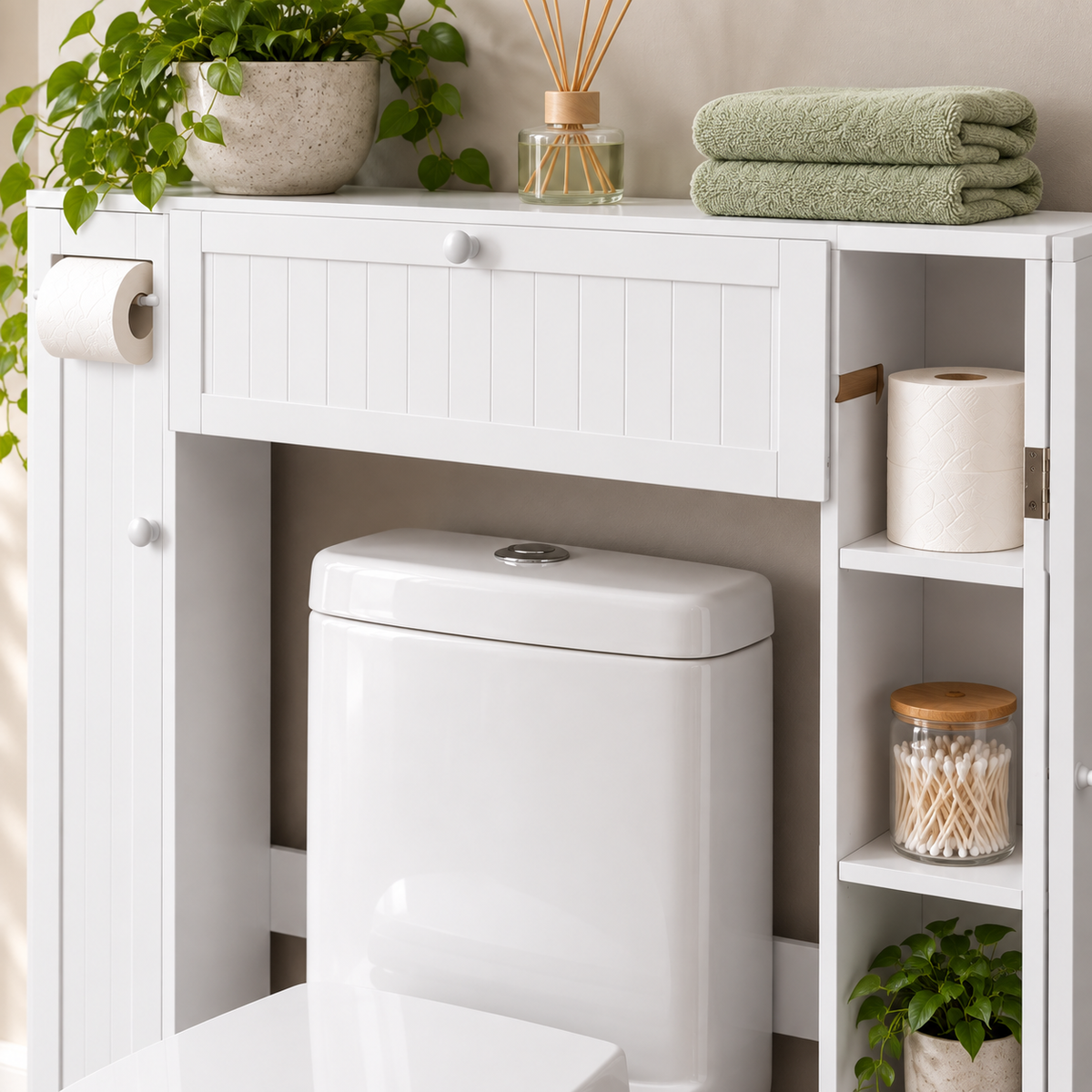 Wooden White Shelf Over The Toilet Storage Cabinet Drop Door Spacesaver Modern Bathroom Cabinets