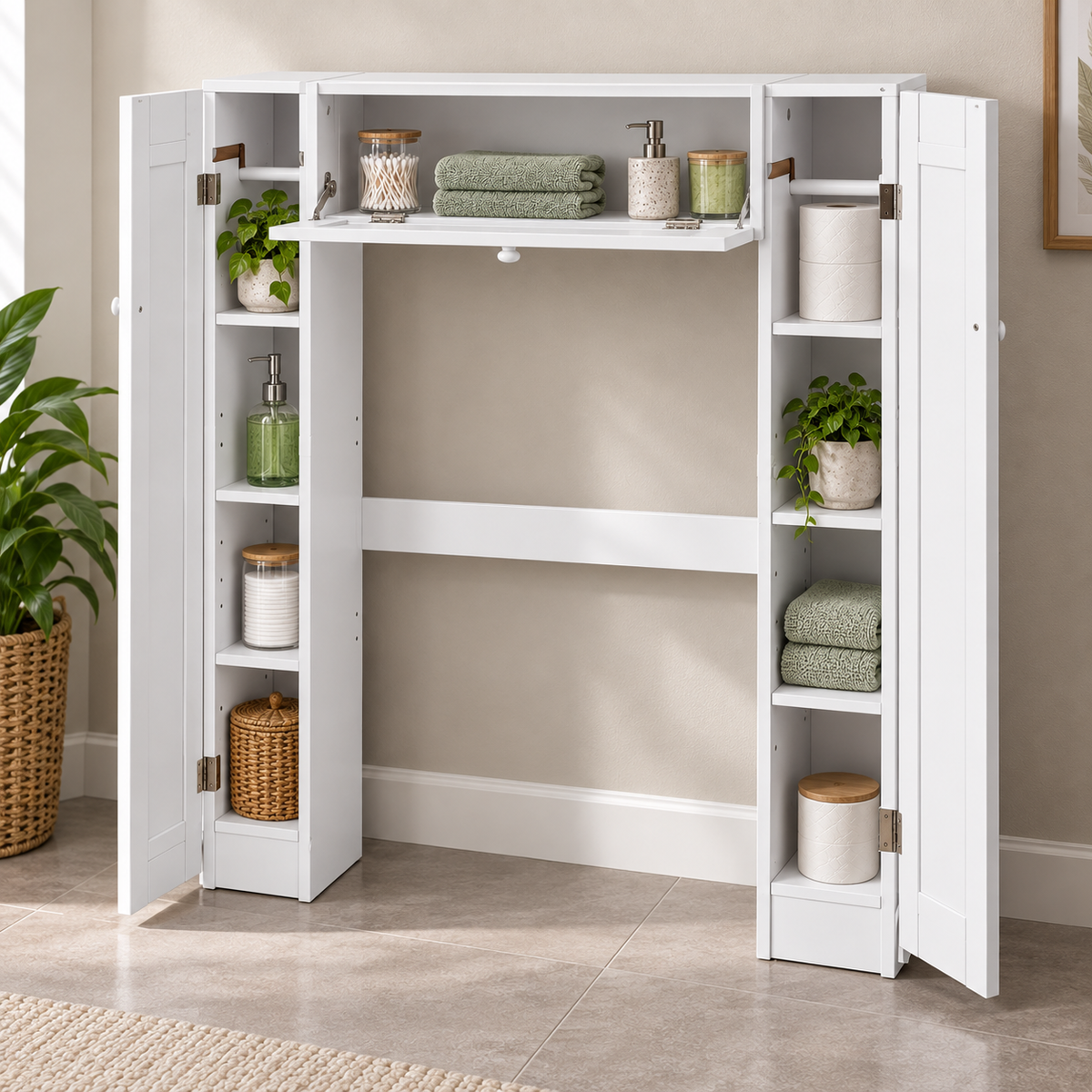 Wooden White Shelf Over The Toilet Storage Cabinet Drop Door Spacesaver Modern Bathroom Cabinets