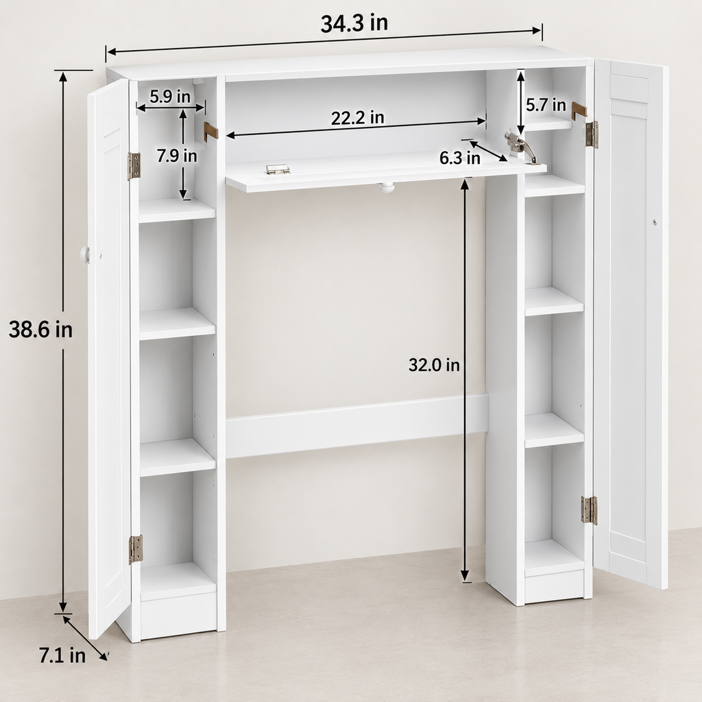 Wooden White Shelf Over The Toilet Storage Cabinet Drop Door Spacesaver Modern Bathroom Cabinets