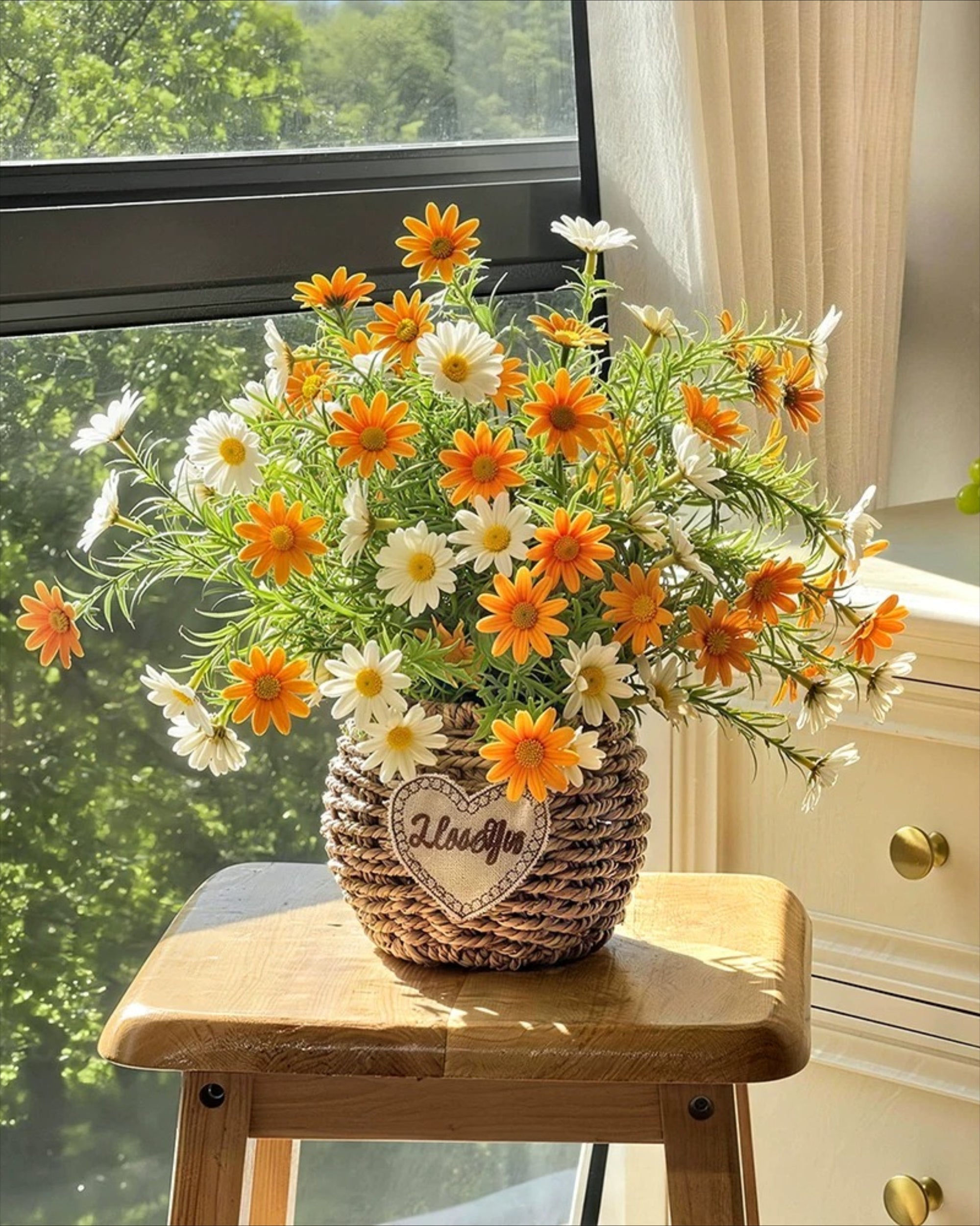 Sunlit Daisy & Chamomile Faux Floral Basket Arrangement