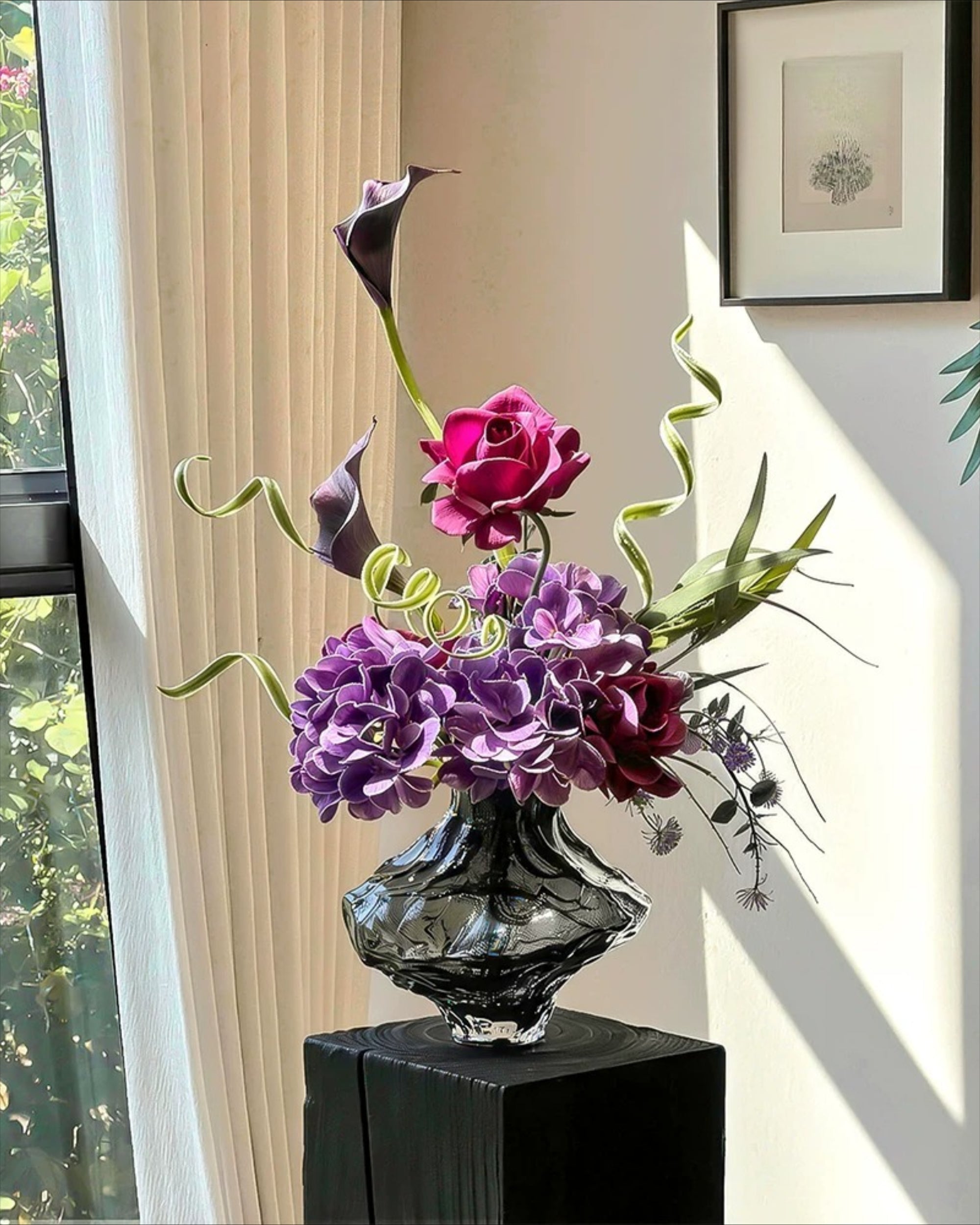 Moody Purple Hydrangea & Rose Faux Floral Arrangement