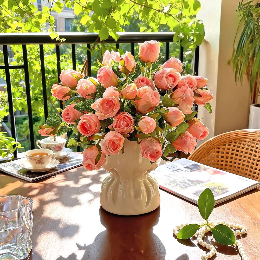 Blush Burned Edge Rose Bouquet Faux Floral Arrangement