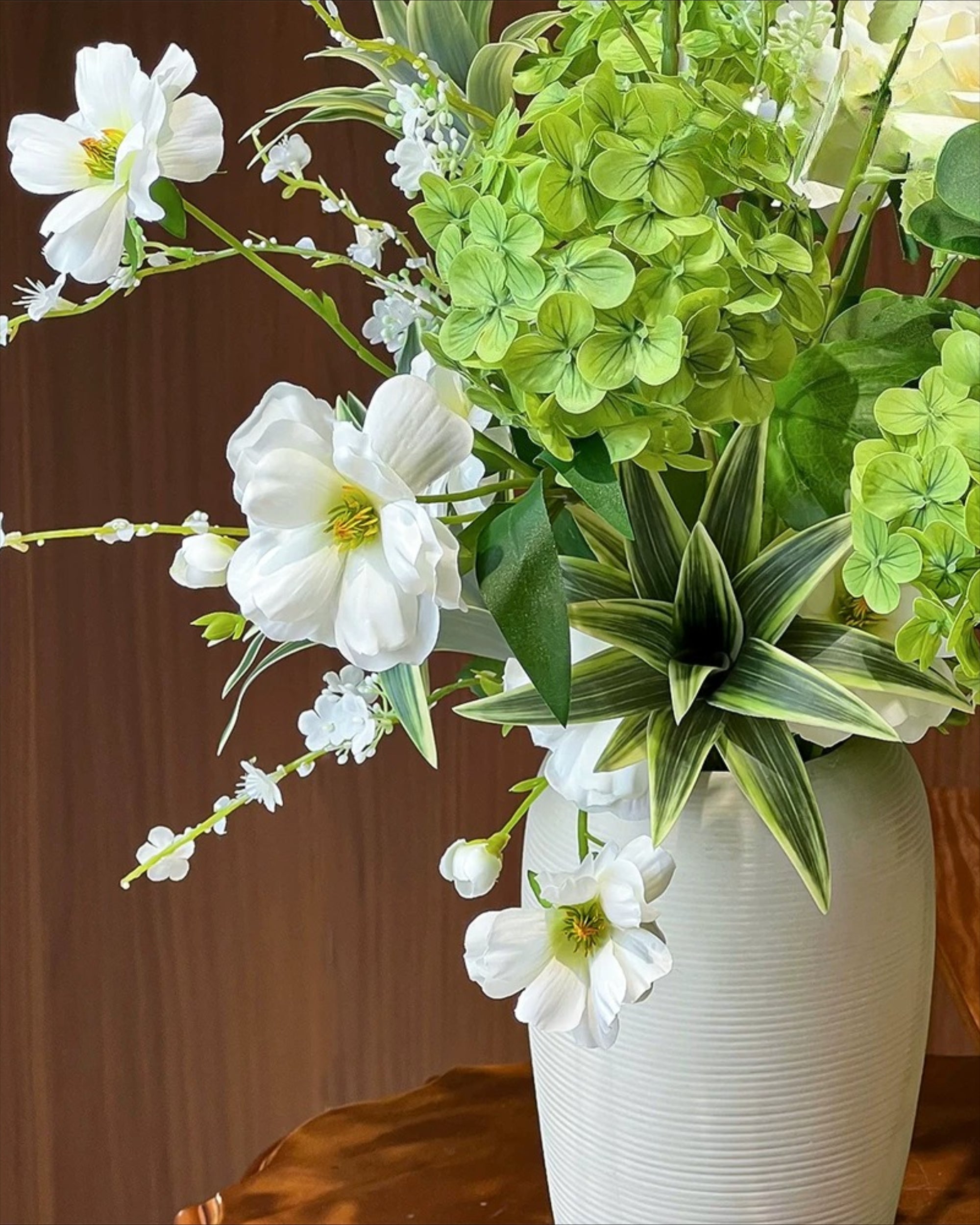 Vintage Fresh Green Hydrangea & White Cosmos Faux Floral Arrangement