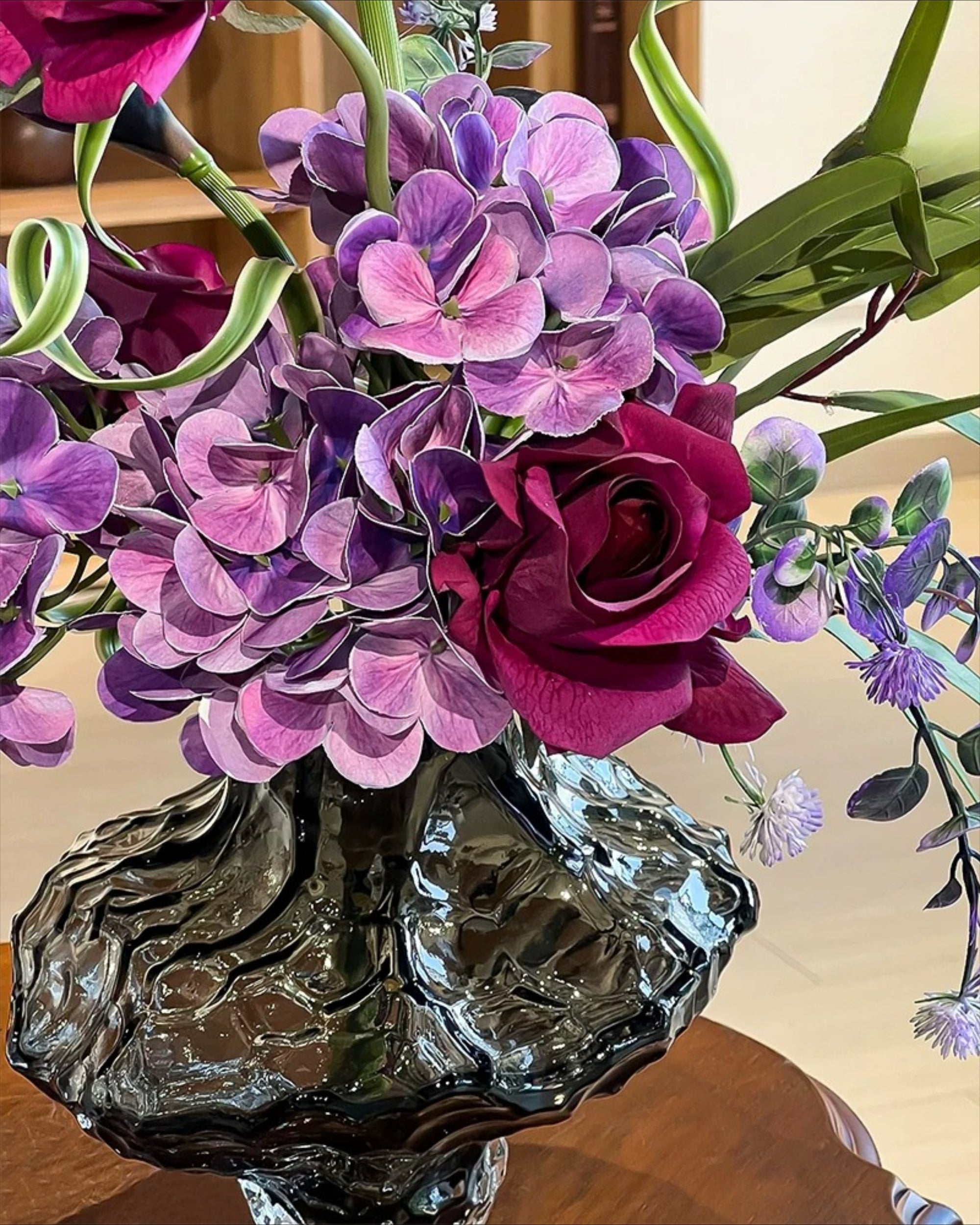 Moody Purple Hydrangea & Rose Faux Floral Arrangement