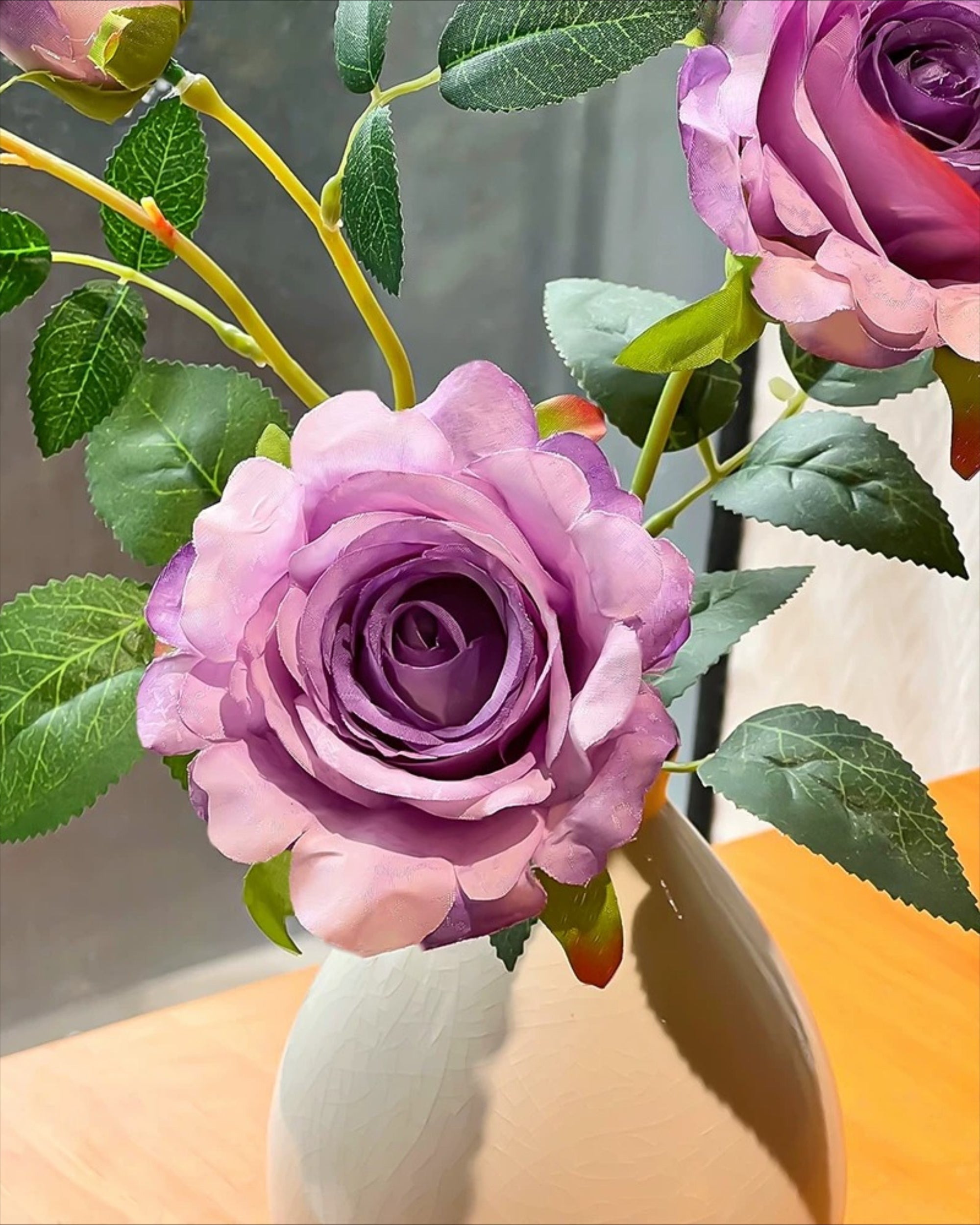 Dusty Lavender Rose Faux Floral Arrangement with Vase
