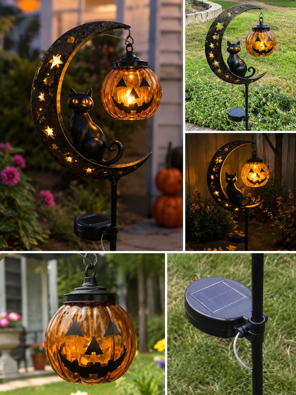 Solar Halloween Garden Stake Light with Black Cat & Pumpkin