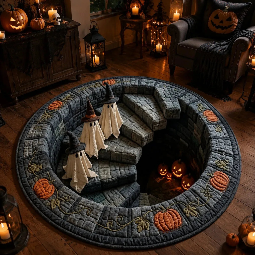 3D Haunted Stairway Round Halloween Rug